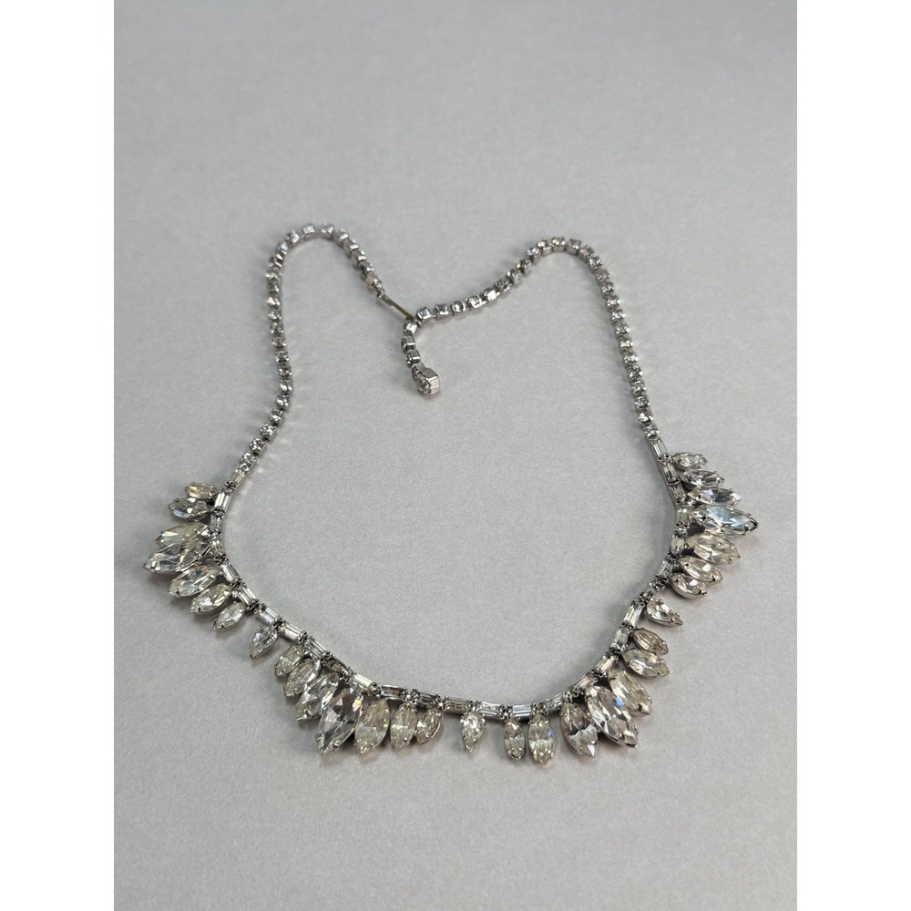 Vintage Clear Marquis Rhinestone Statement Necklace Silver Tone Bridal 18"